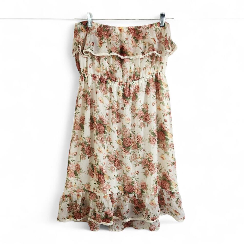 Maurice's XL Antique Floral Strapless Mini Dress Romantic Ruffled Garden Fairy
